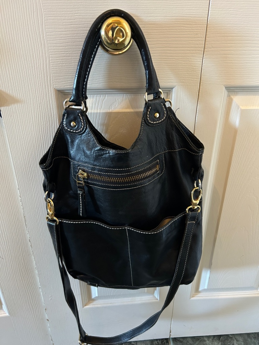 Roots Black Leather Shoulder Bag with Gold Hardware